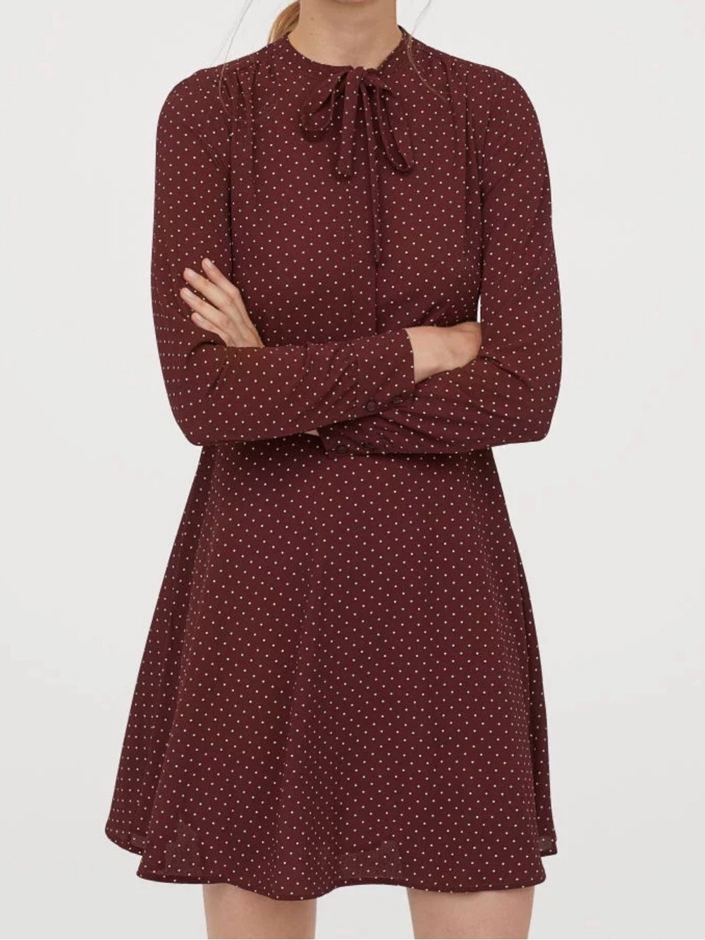 H&M Burgundy Long-Sleeve Polka Dot Tie-Neck Dress